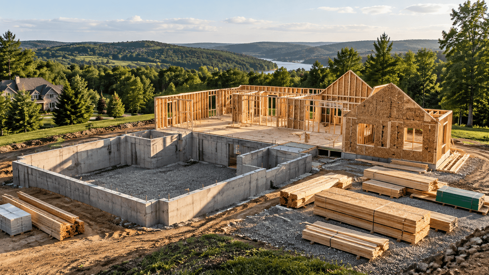 Residential foundation and framing underway